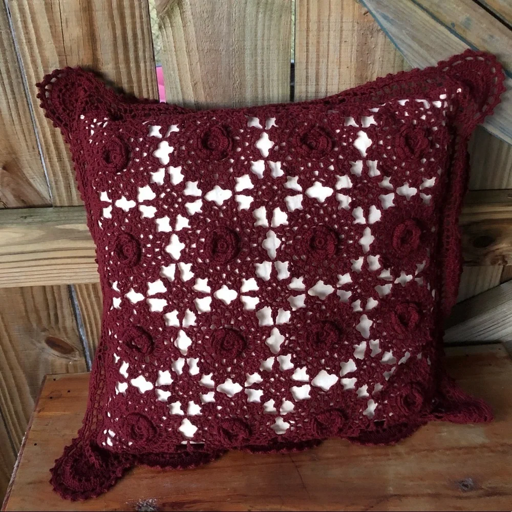 Hand Crochet Lace Top Cotton Maroon Accent Pillow with Scalloped Trim 16”